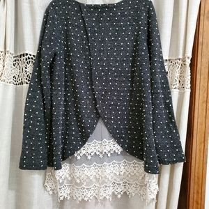 Anthropologie grey white polka dot lace sweater L